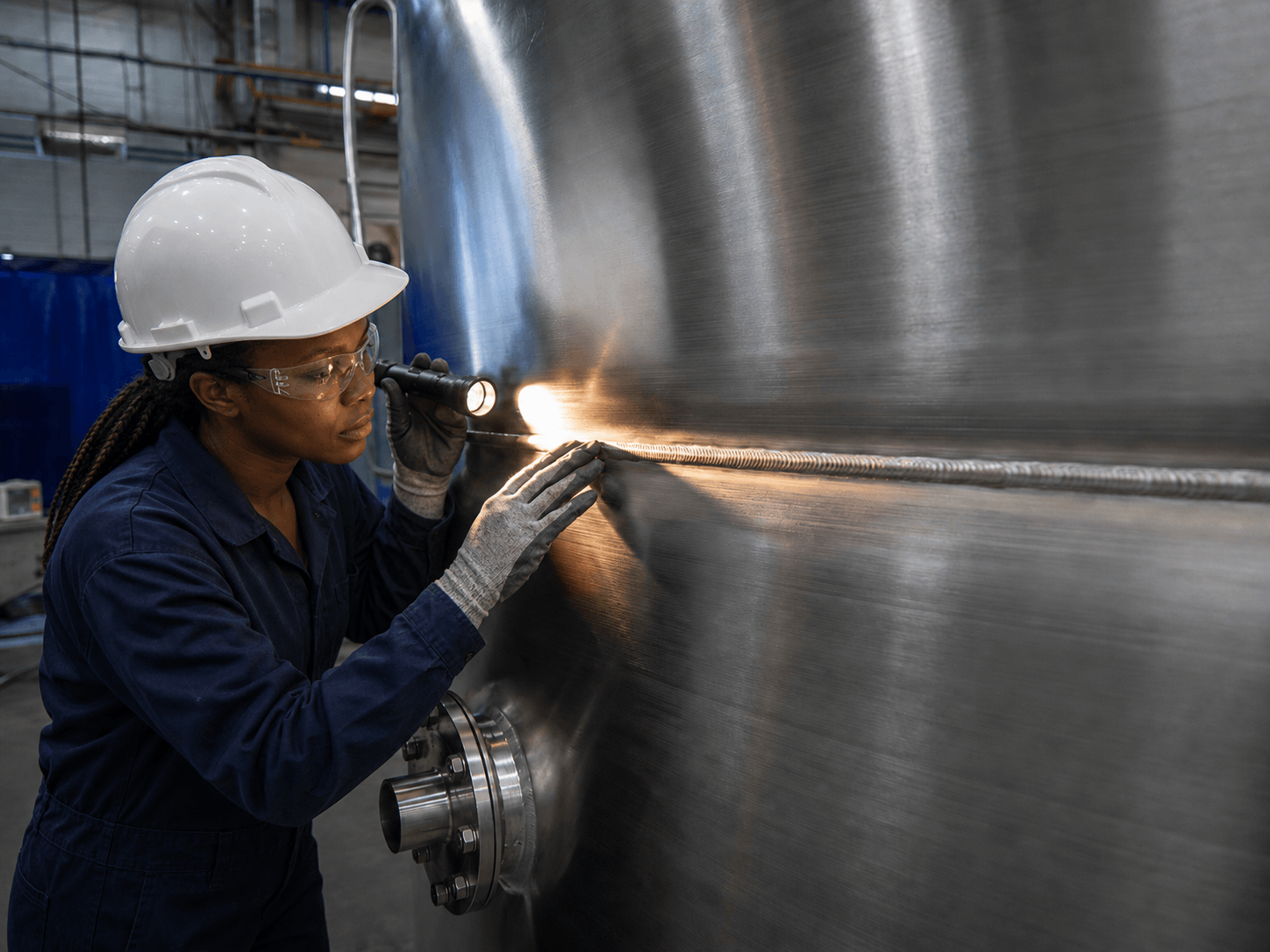 Inside the North Star workshop: finishing bay with a polished stainless tank under inspection