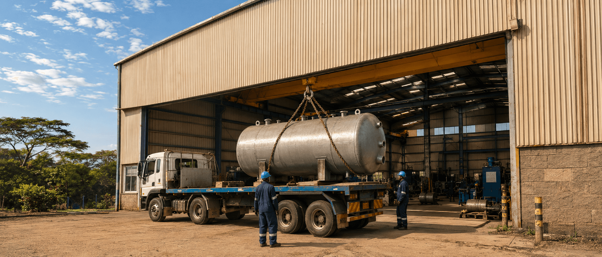 The workshop entrance with a finished tank being loaded by overhead crane onto a flatbed