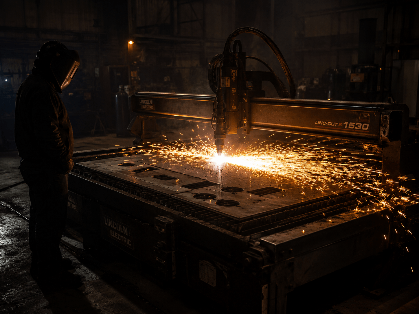 Industrial CNC plasma cutting table mid-cut on stainless steel plate, sparks and slag visible, operator in welding mask in background
