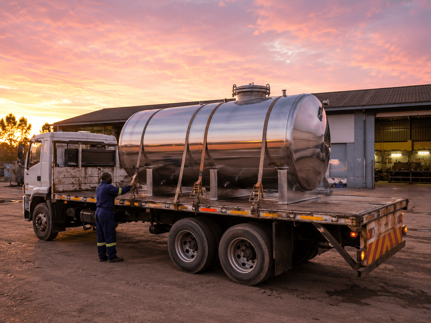 Completed polished stainless steel tank strapped to a flatbed truck in the workshop yard at sunrise