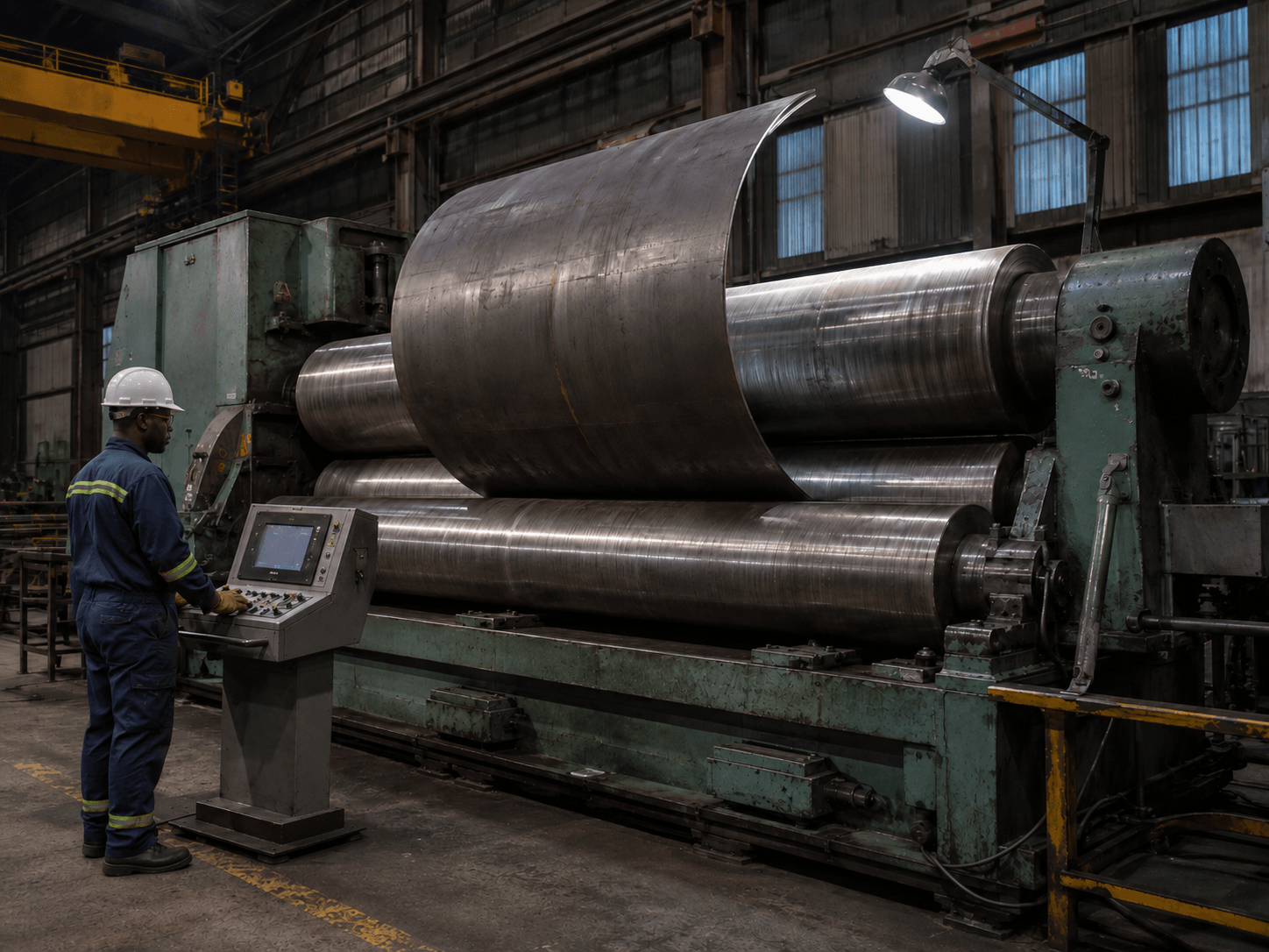 Heavy three-roll plate rolling machine in action, forming a curved stainless steel shell, operator at the controls