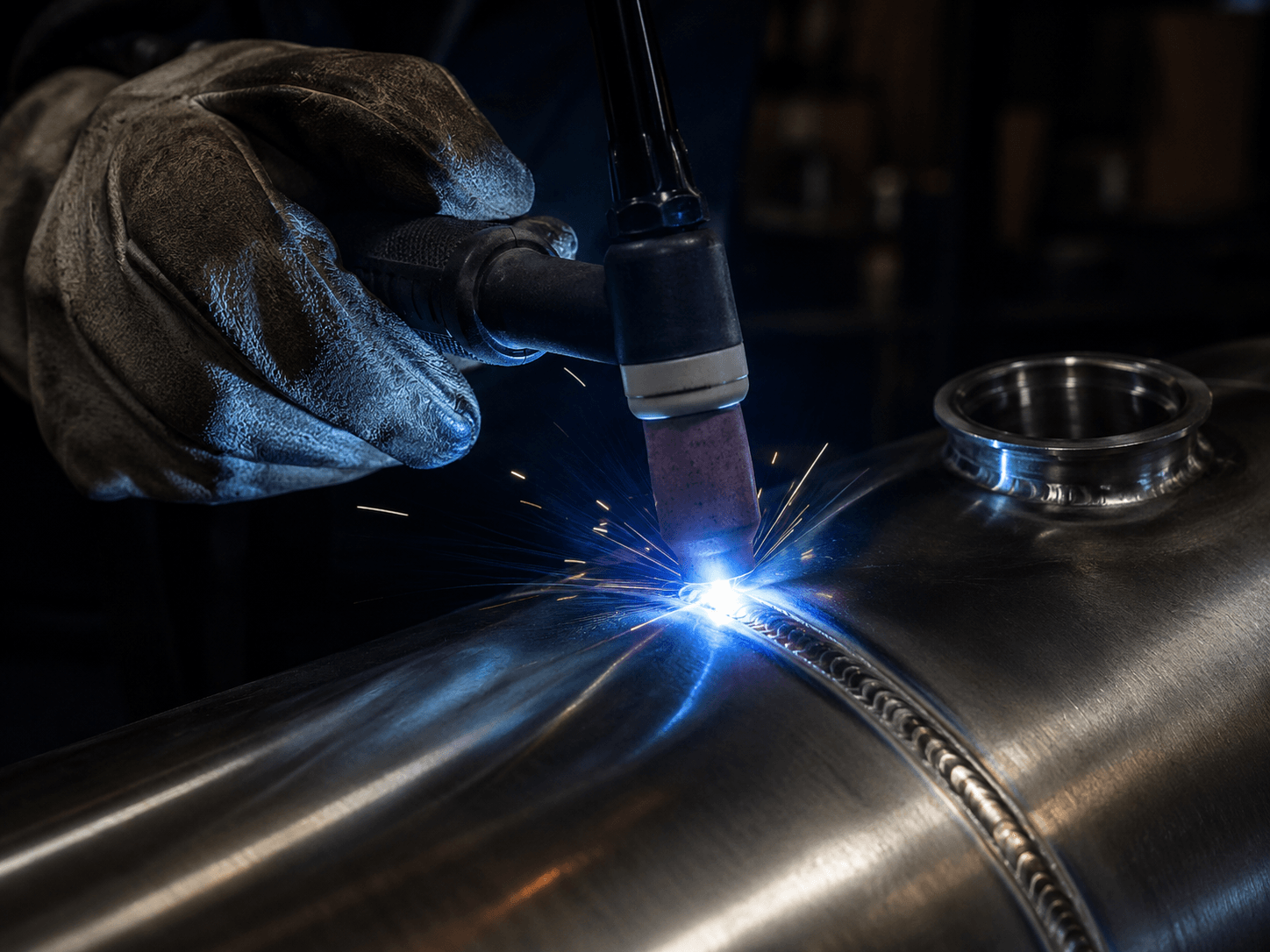 TIG welder mid-strike on a polished stainless steel tank seam