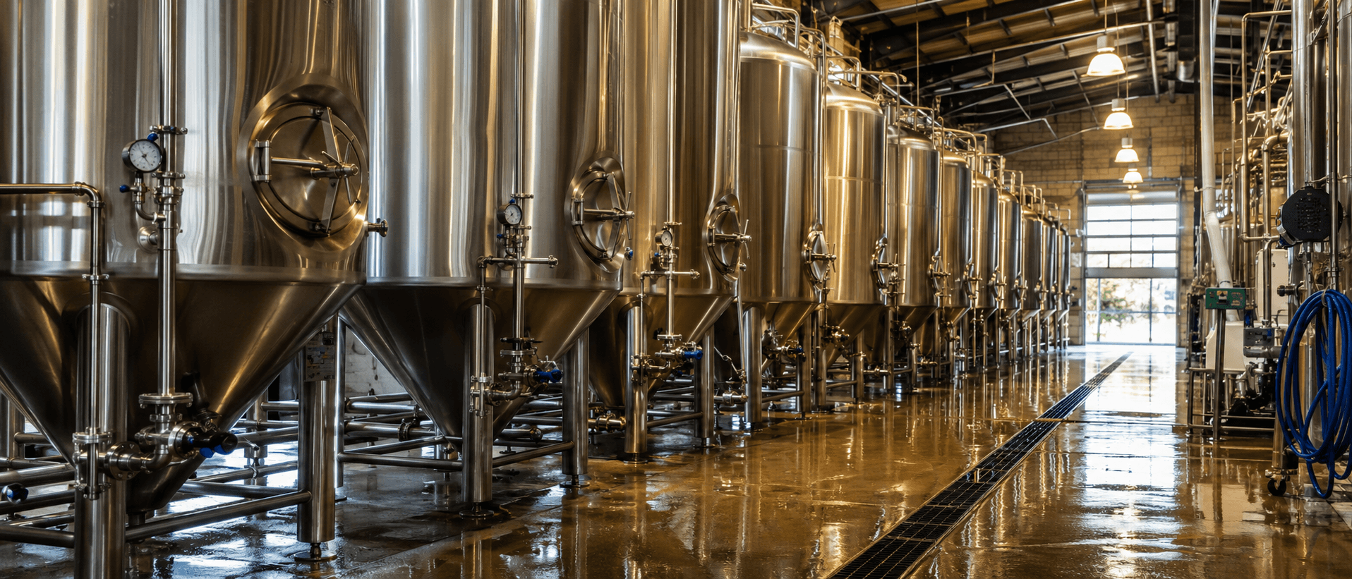 Stainless brewing vessels inside a Kenyan brewery