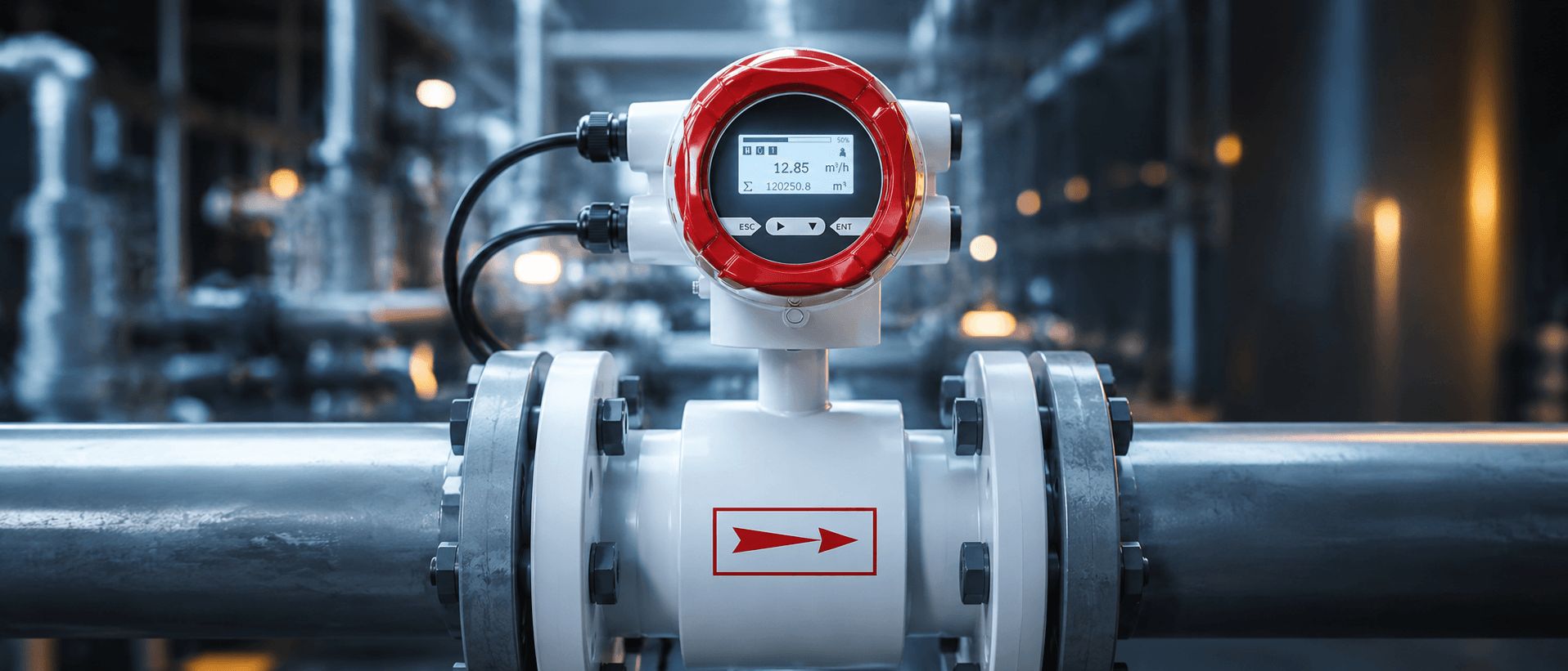 Electromagnetic flow meter installed on a stainless process line at a Kenyan plant