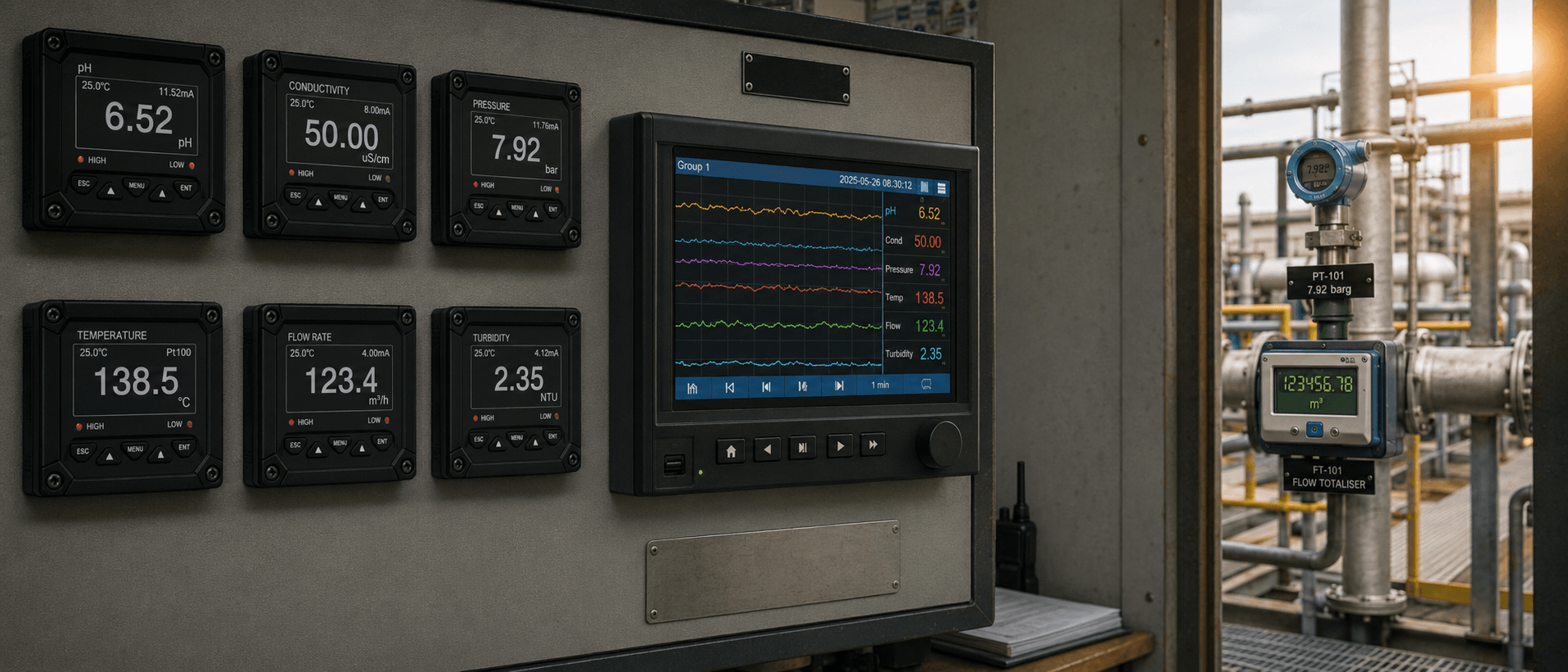 Instrument panel inside a Kenyan plant control room with process indicators and a paperless recorder