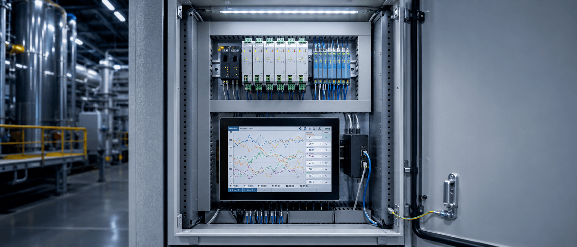 A control-cabinet door open showing a paperless recorder, indicators, and signal isolators on DIN rail