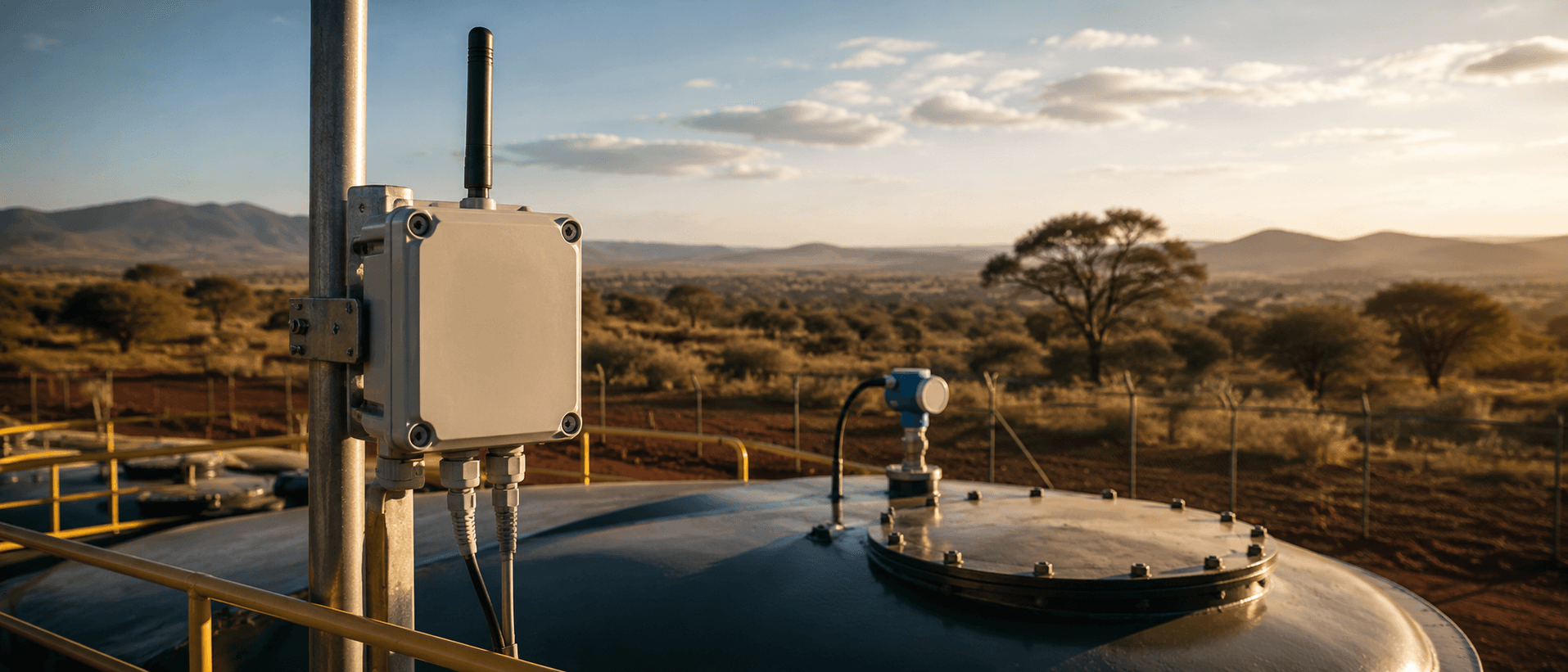 An NB-IoT gateway box mounted on a pole at a remote Kenyan tank site