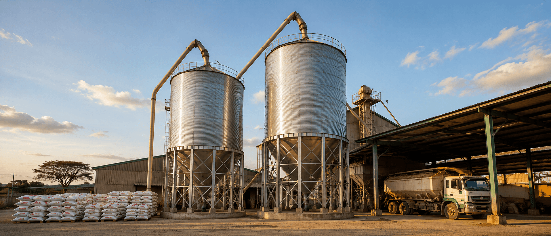 Galvanised feed storage silo at a Kenyan farm