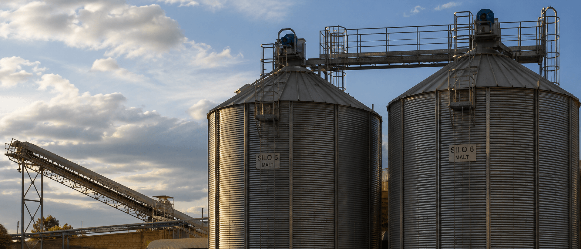Galvanised grain storage silos at a Kenyan brewery with conveyor and catwalk
