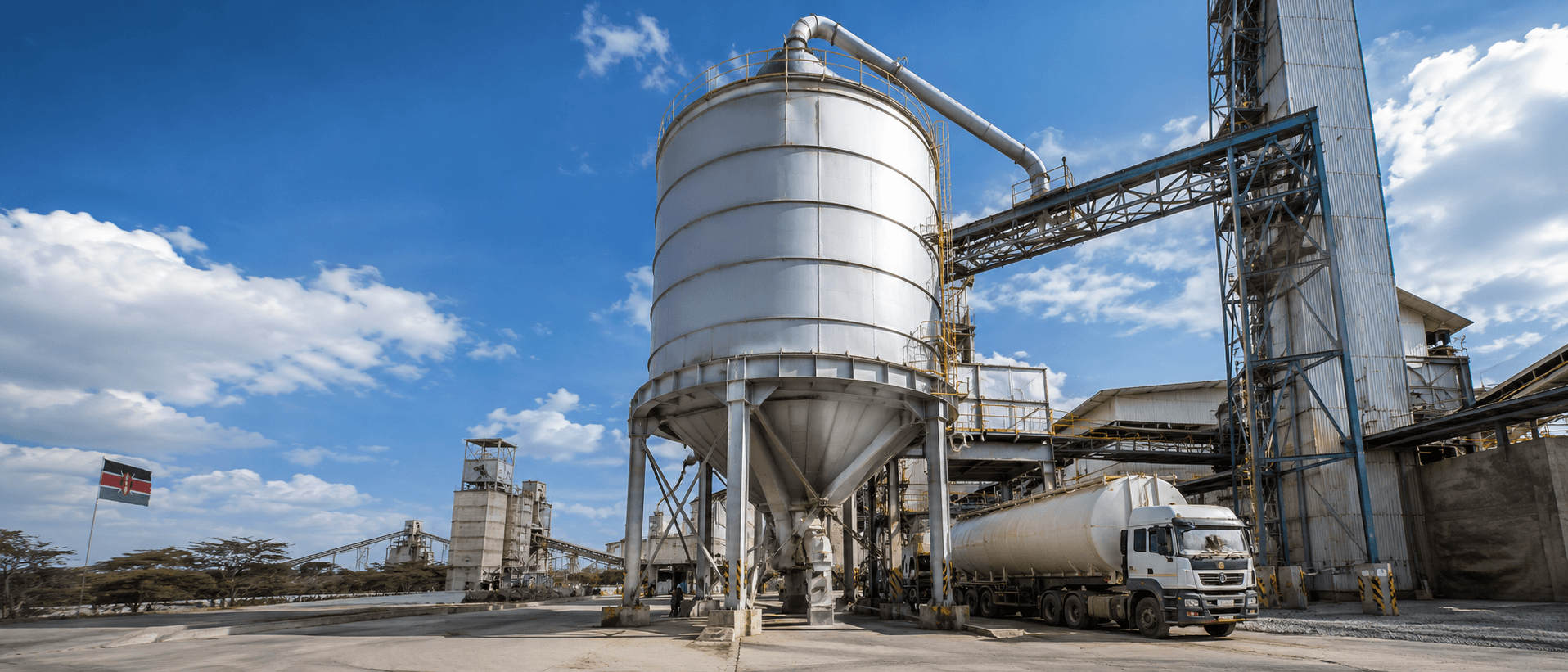 A large industrial bulk silo for cement or powder at a Kenyan plant