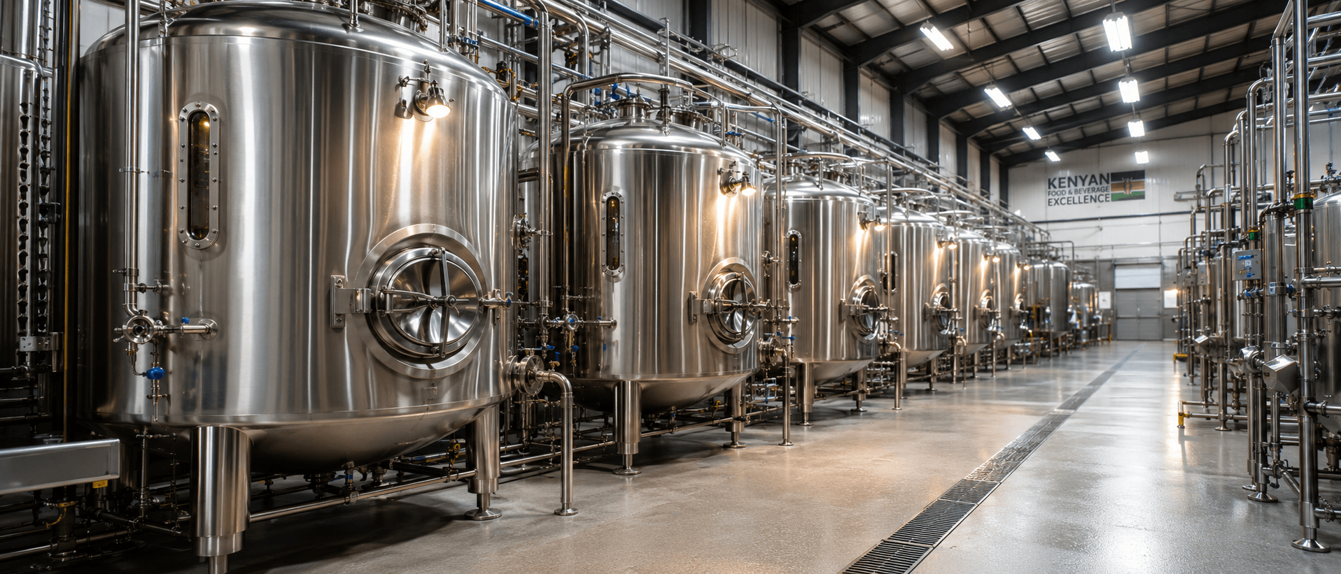 Polished stainless steel processing tank inside a Kenyan F&B plant