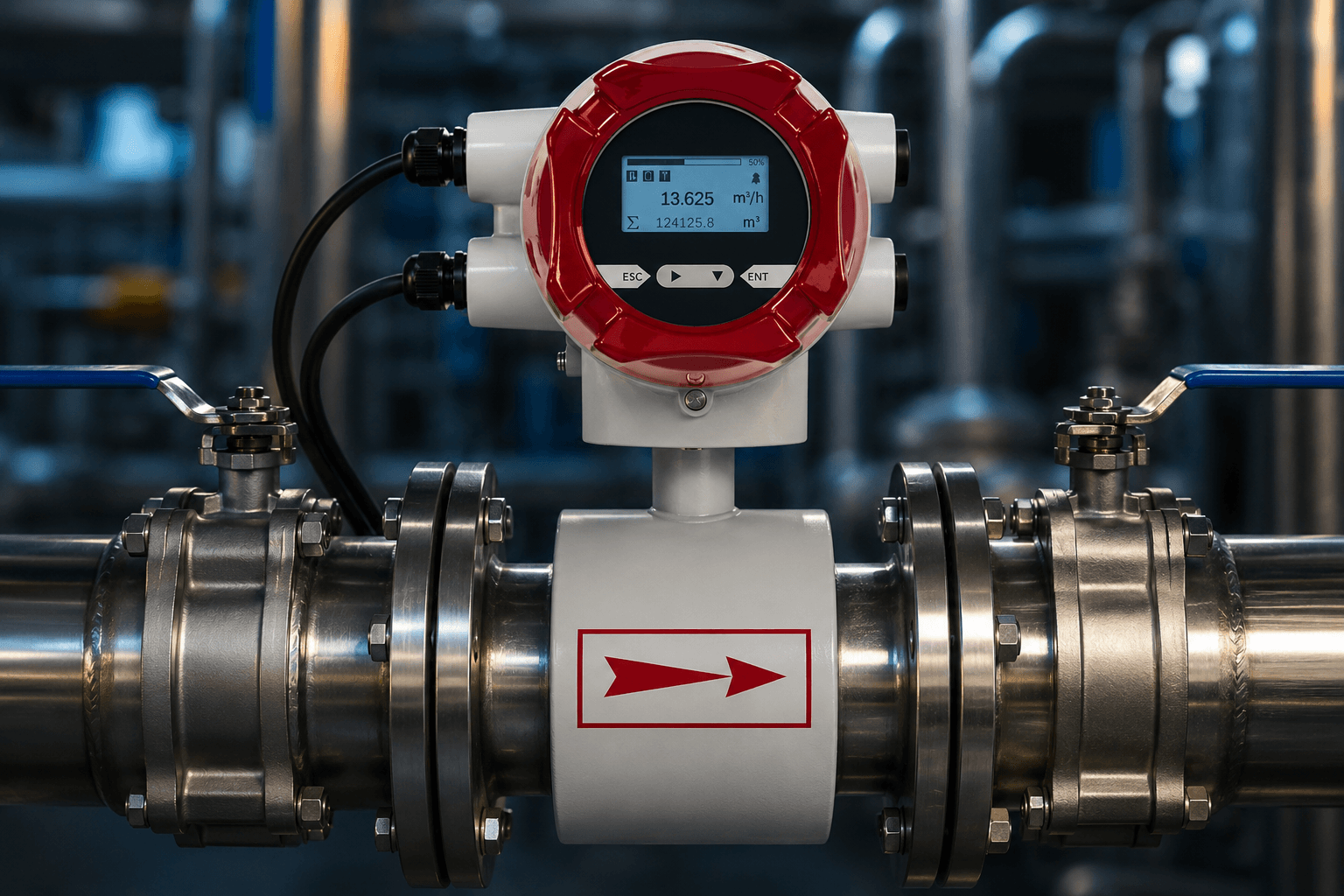 Electromagnetic flow meter on a stainless steel pipe with red display head