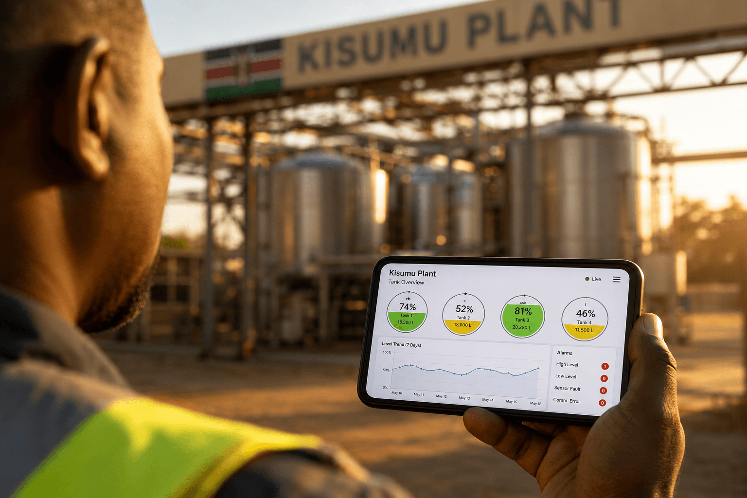 Plant operator holding a phone displaying a tank-monitoring dashboard outside a Kisumu plant