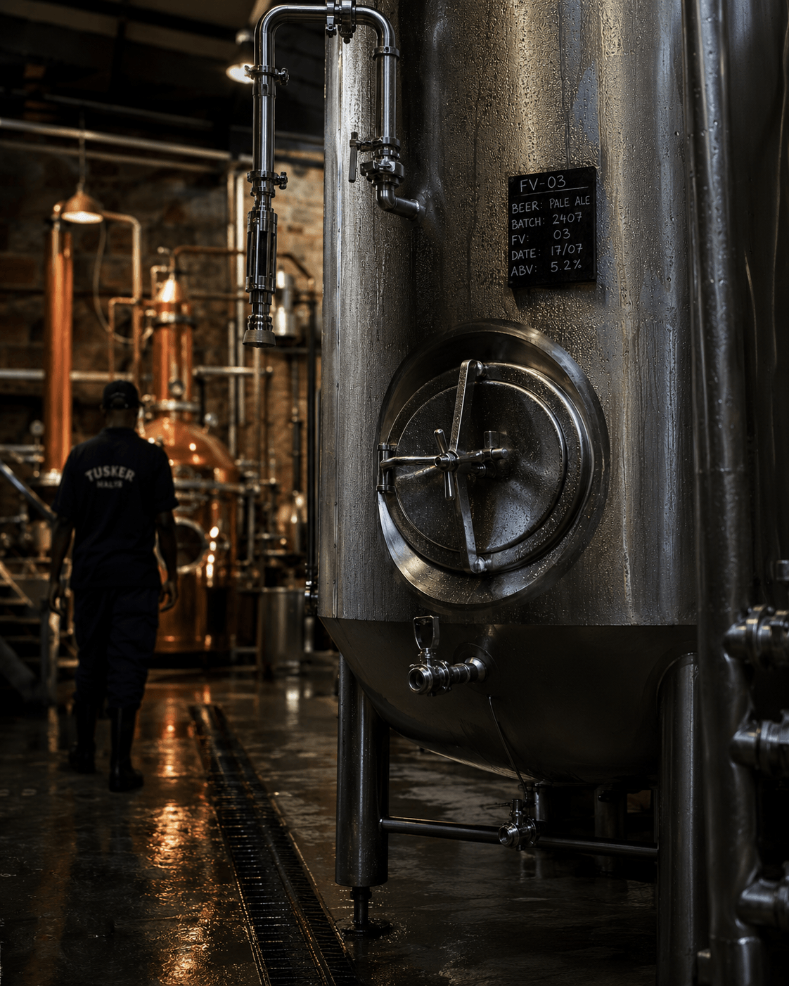 Stainless steel fermenter tagged FV-03 with a copper still and brewer in the background of a craft brewery