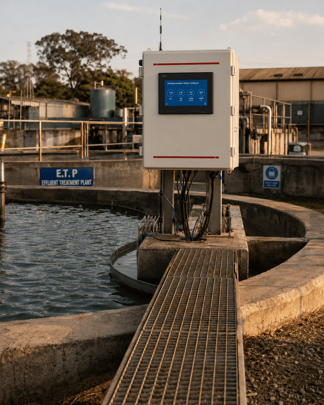 Multiparameter water analyzer panel mounted over a clarifier basin at an effluent treatment plant