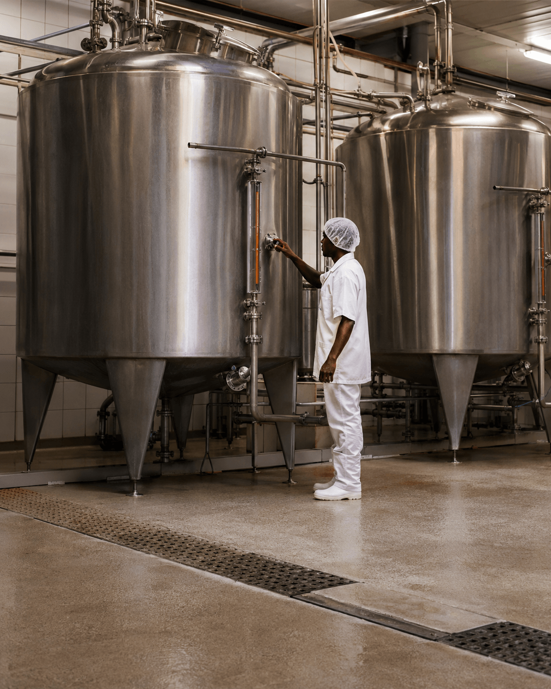 Plant operator in hygiene whites inspecting a stainless steel jacketed fermentation tank inside a food and beverage facility