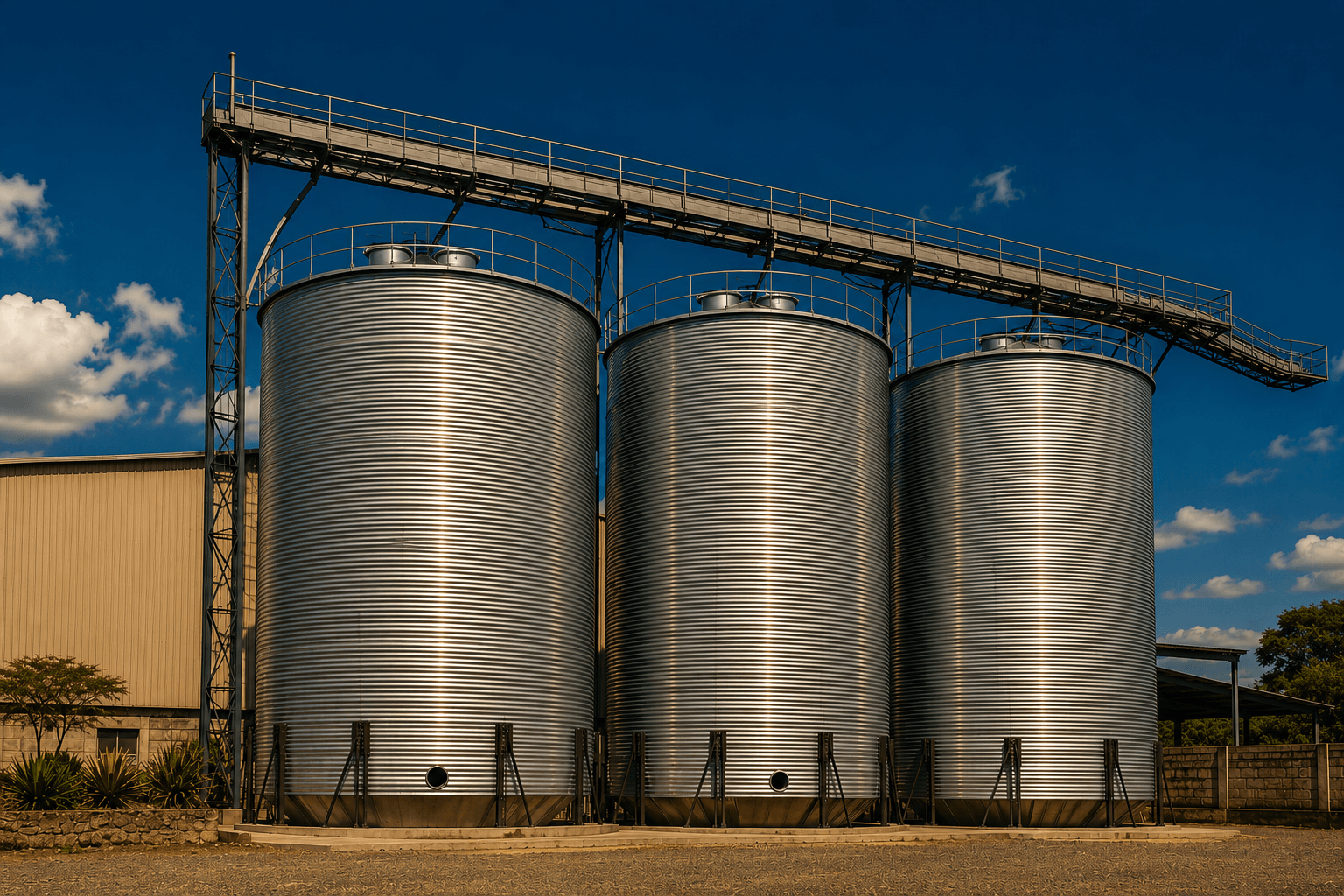 Three corrugated steel silos with overhead catwalk at a Kenyan plant
