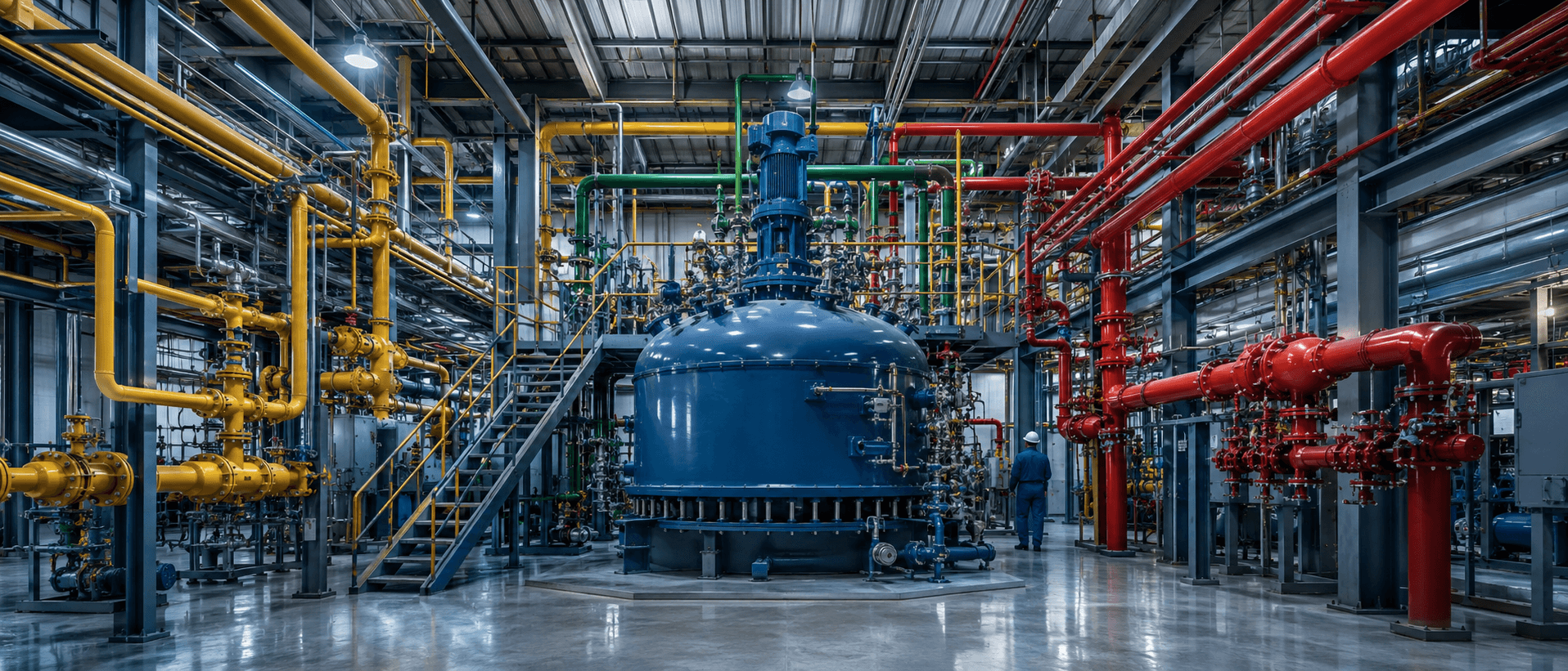 A wide view of a chemical processing bay with an epoxy-lined reactor and colour-coded process piping