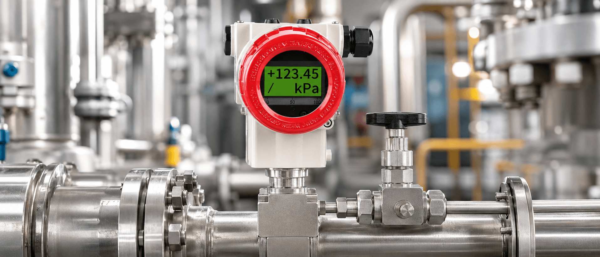 A pressure transmitter mounted on a stainless process line with gauge showing live reading