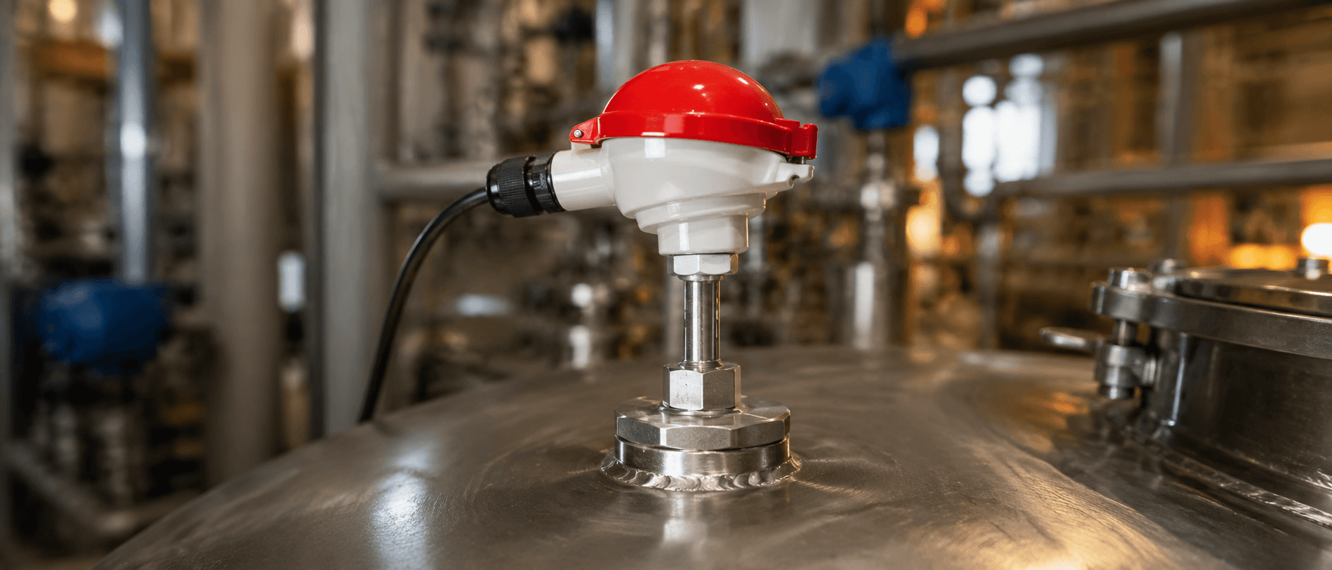 An RTD temperature sensor mounted in a tank wall thermowell
