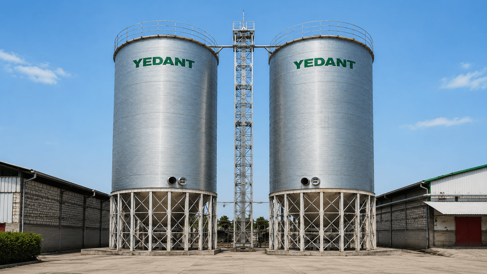 Galvanised feed storage silo at a farm