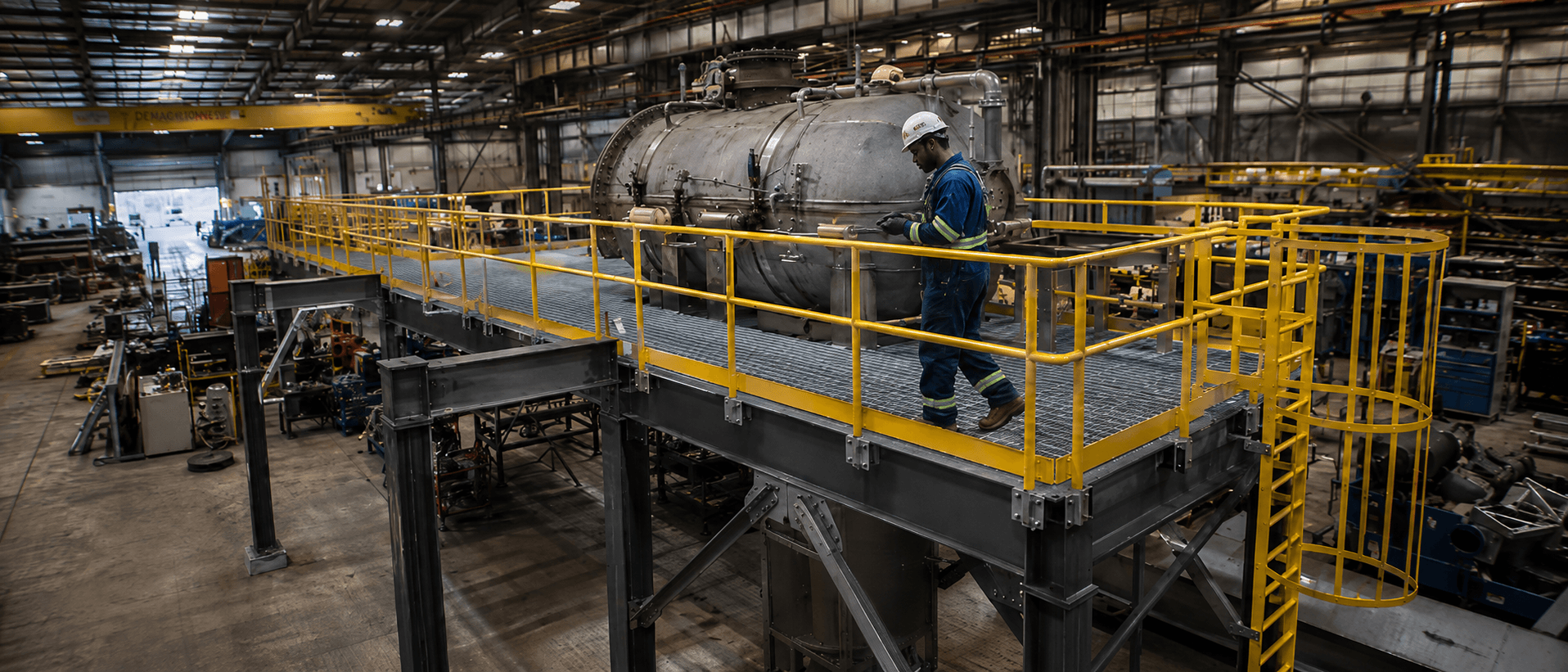 A finished structural-steel platform around a process vessel, mid-installation