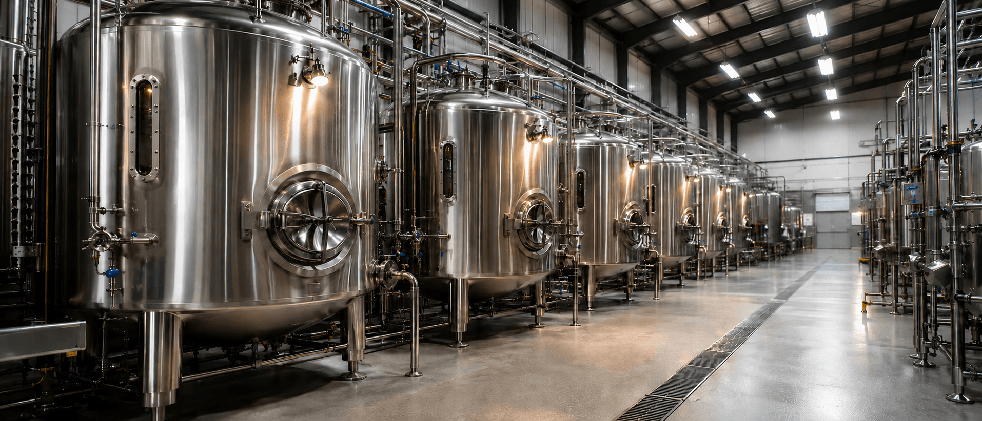 A row of polished stainless steel process tanks in a plant